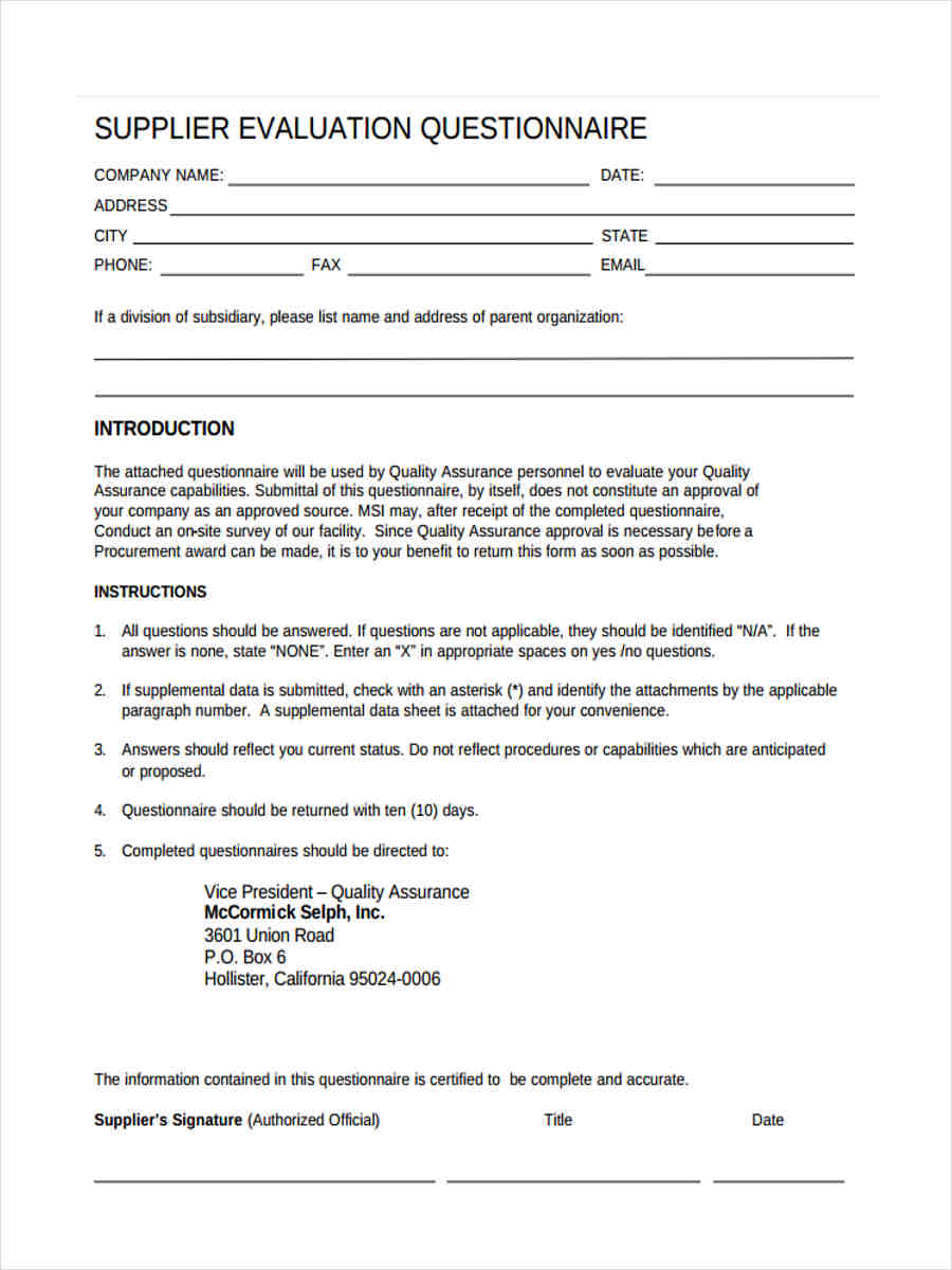 FREE 11+ Sample Supplier Questionnaire Forms in MS Word PDF