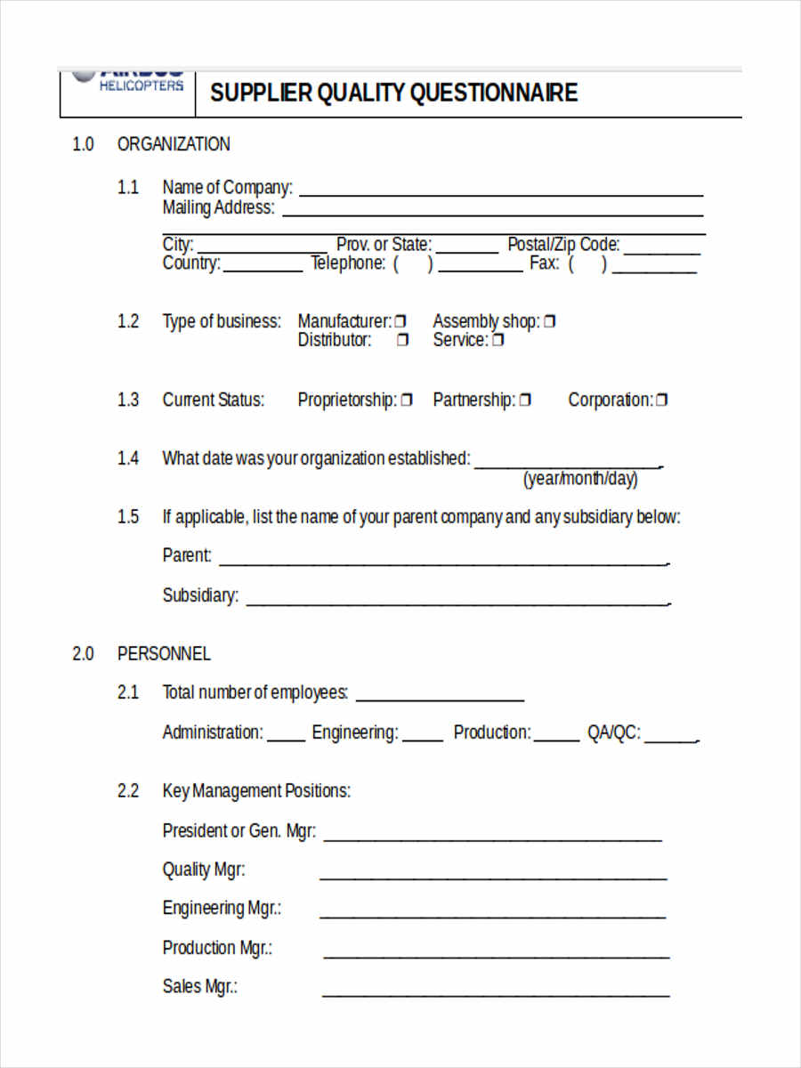 Free Sample Supplier Questionnaire Forms In Ms Word Pdf