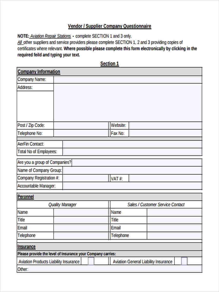 FREE 8+ Vendor Questionnaire Forms in PDF