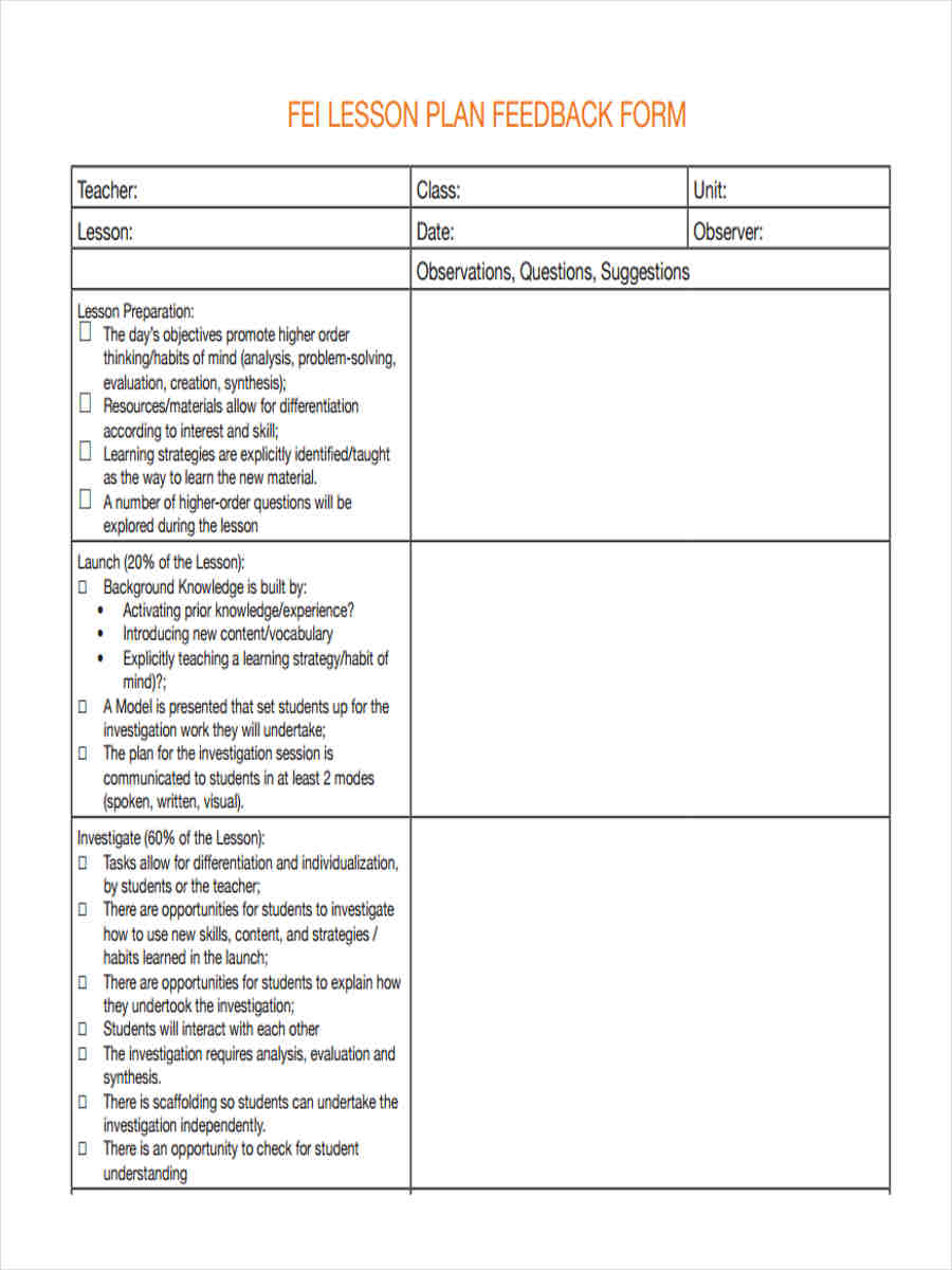 FREE 14  Sample Teacher Feedback Forms in PDF MS Word