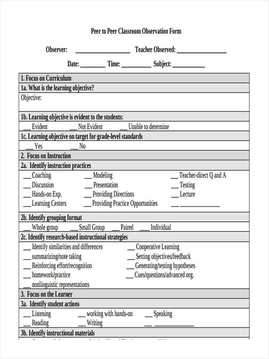 FREE 18 Teacher Feedback Form Samples PDF MS Word Google Docs   Teacher Peer Observation 