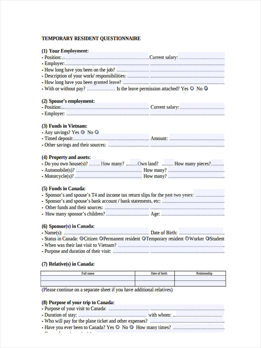 temporary questionnaire