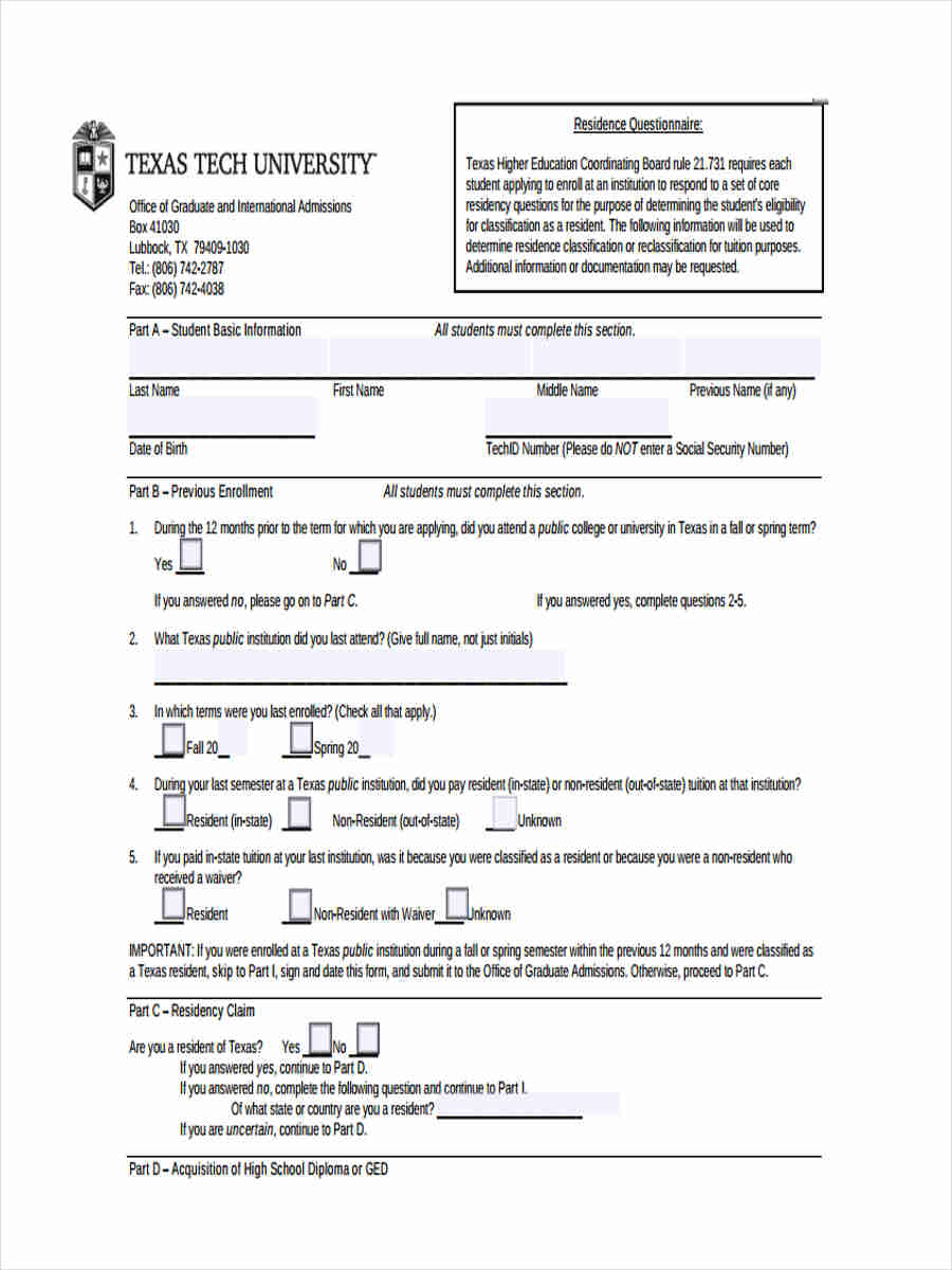 temporary residence questionnaire