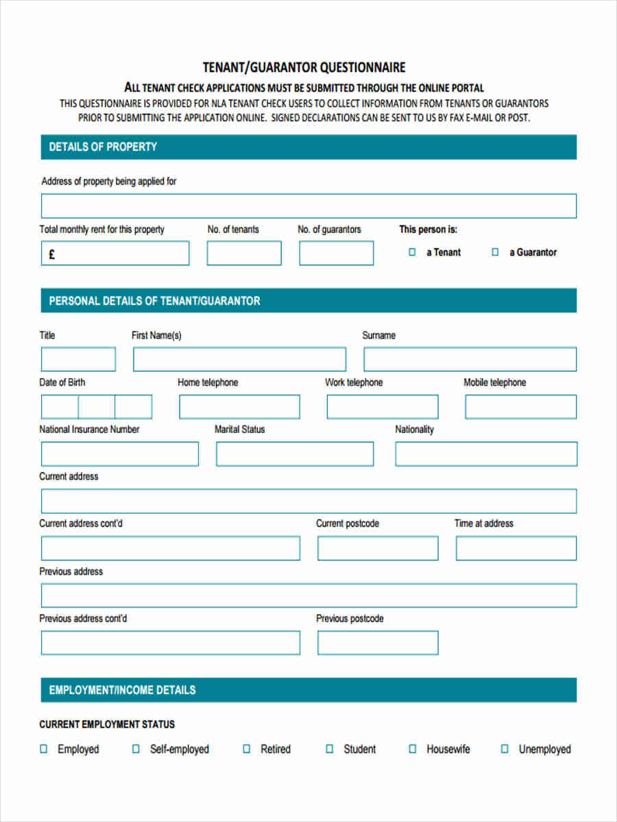 tenant questionnaire form template