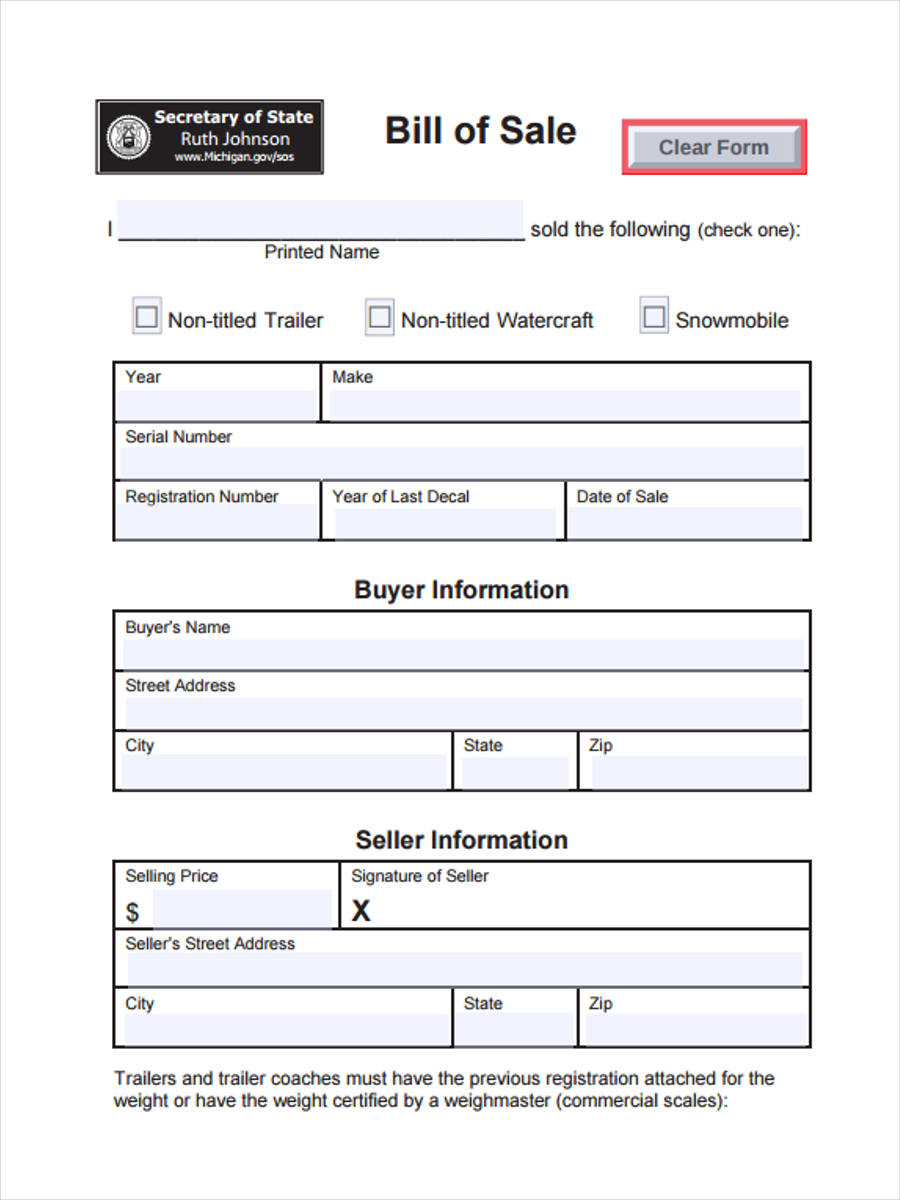 Free Printable Bill Of Sale For Trailer