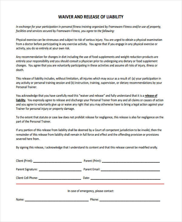 FREE 15  Liability Waiver Form Samples PDF MS Word Google Docs
