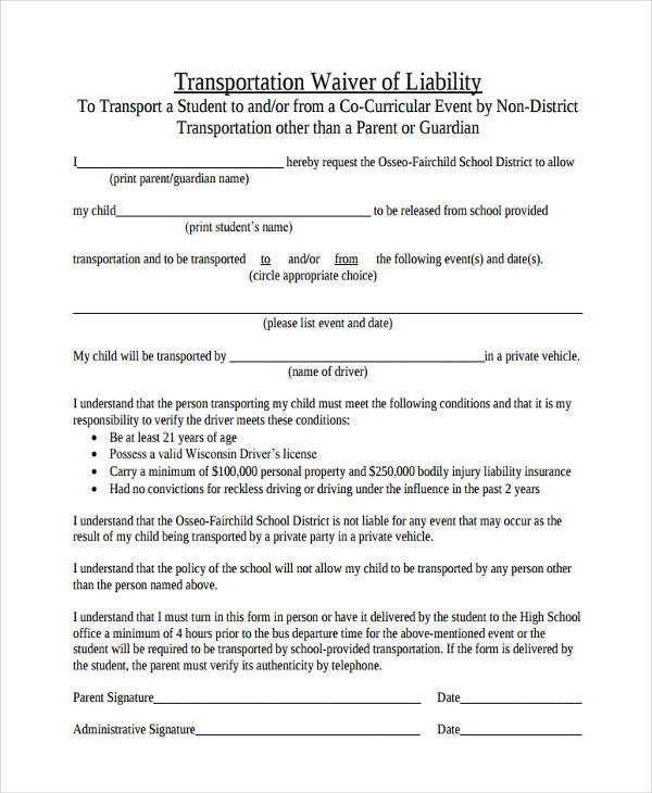 transportation waiver of liability