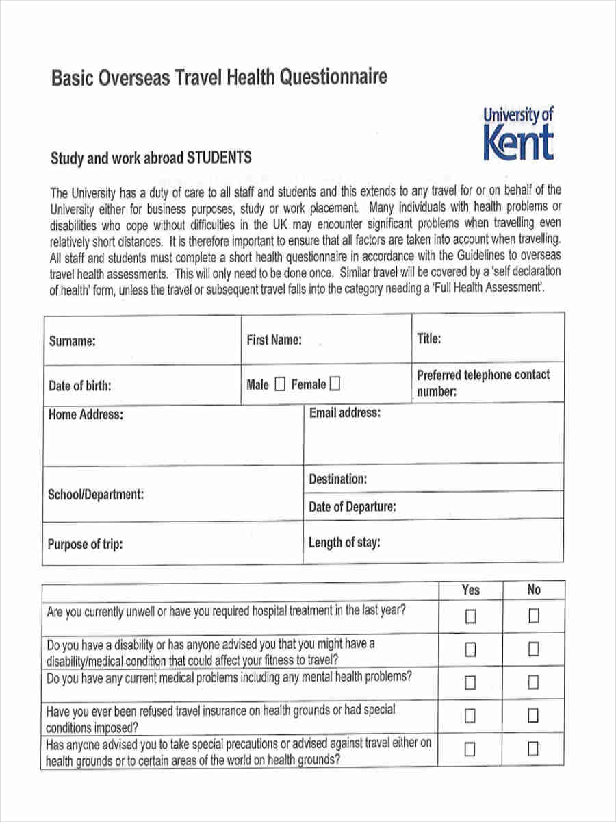 Free 11 Travel Questionnaire Forms In Pdf Excel Ms Word 7794