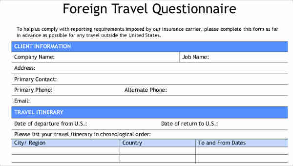 travel questionnaire form samples