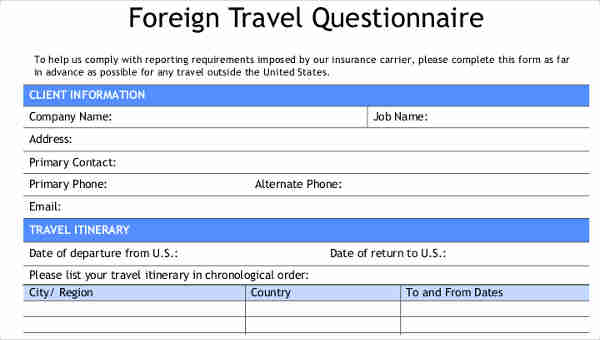 travel questionnaire icici prudential