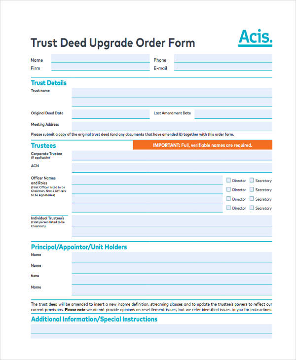 trust deed upgrade order