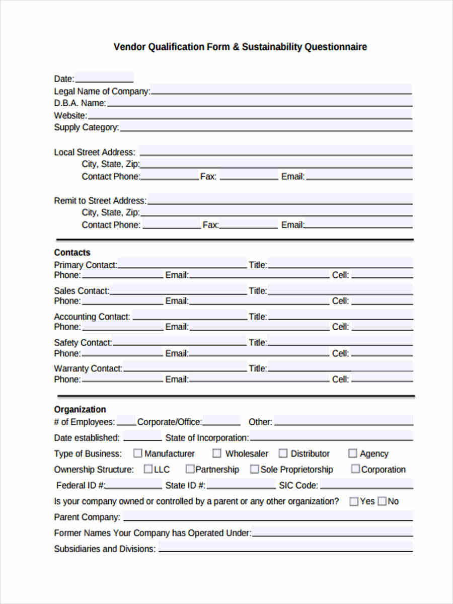 Excel Questionnaire Free 9 Sample Vendor Questionnaire Forms In Pdf