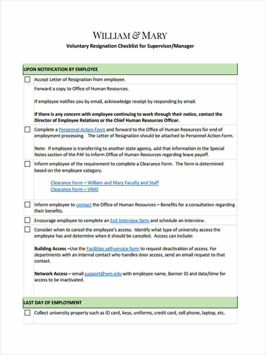 voluntary resignation checklist