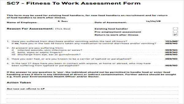 work assessment forms free sample example format download