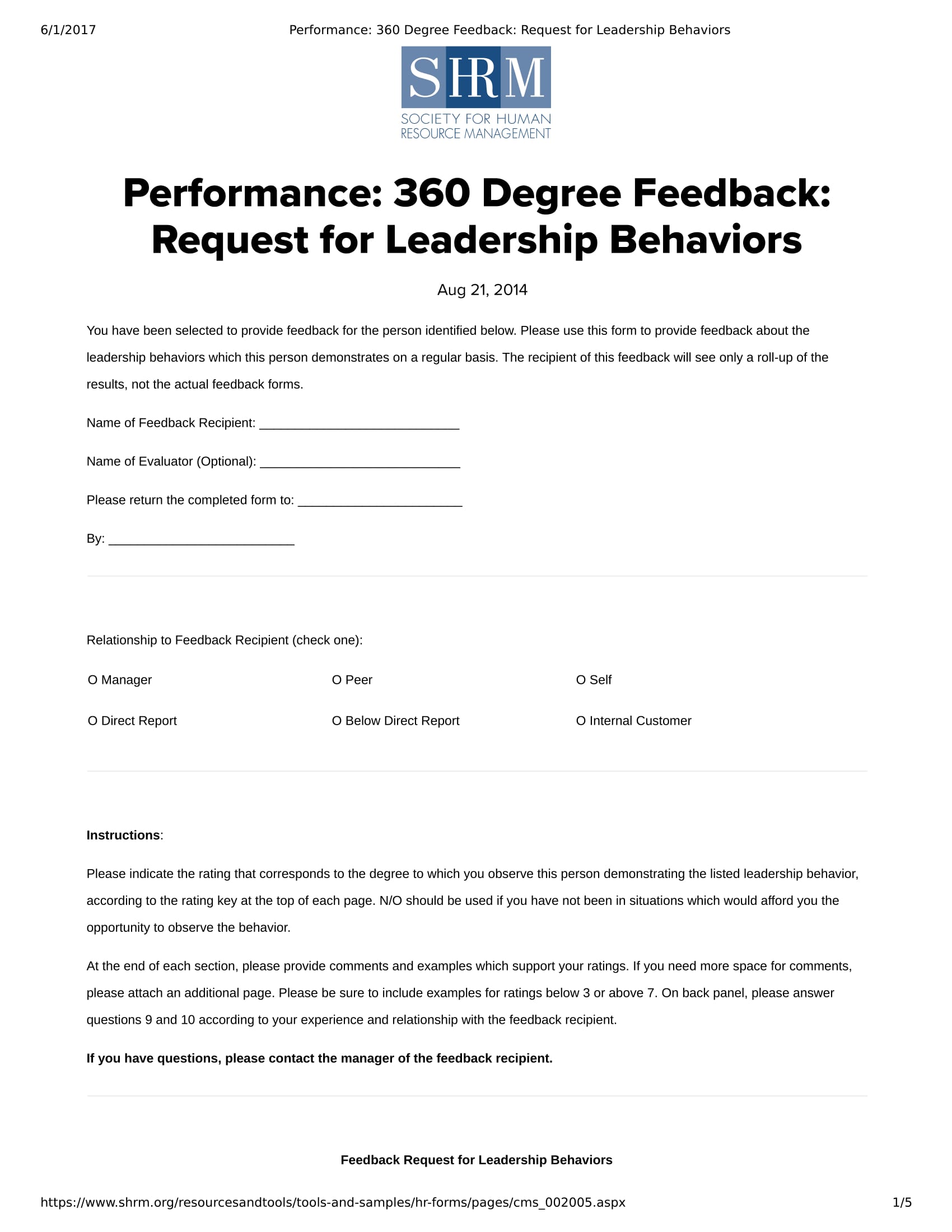 360 Degree Feedback Request For Leadership Behaviors 