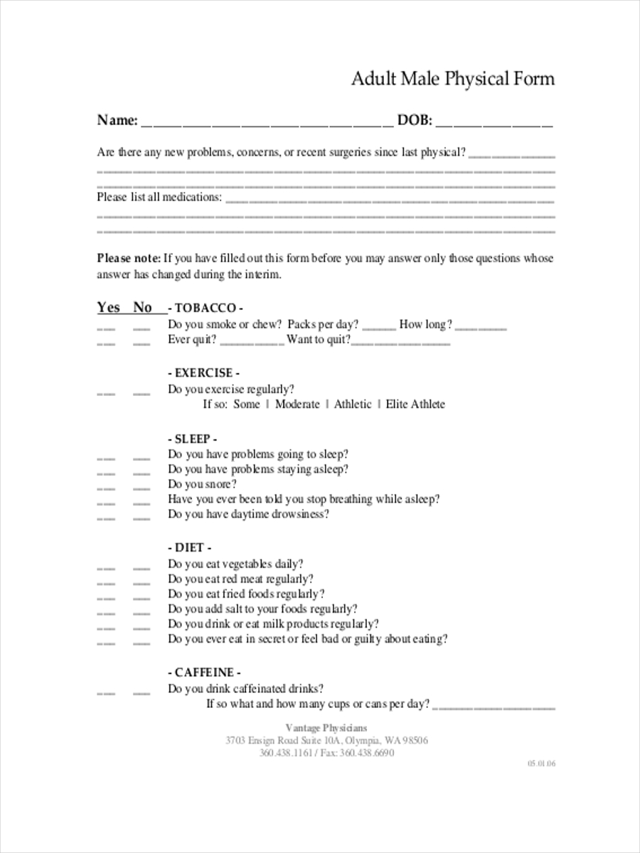 Free 5 Adult Physical Forms In Pdf Ms Word 4984