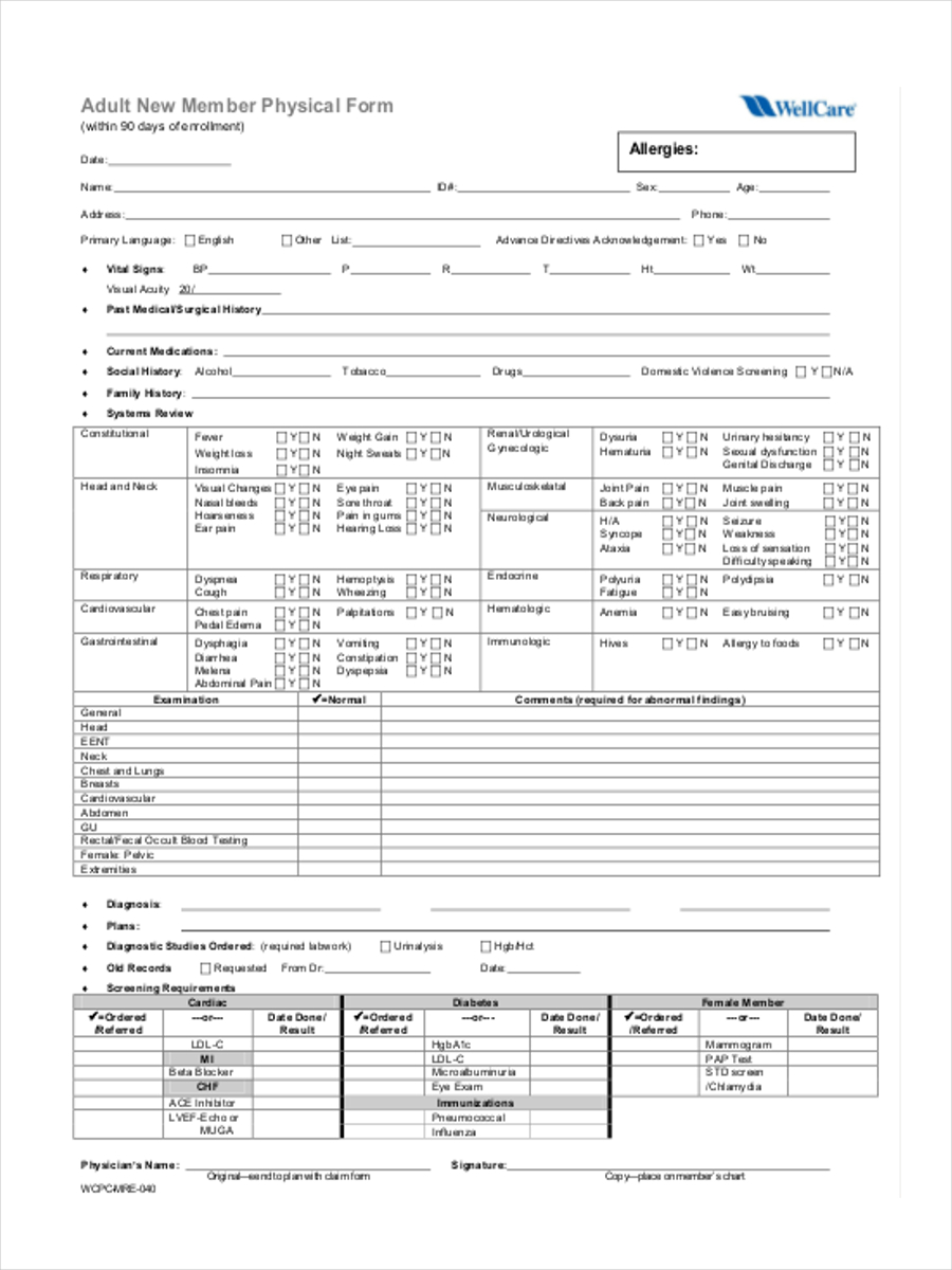 Free 5 Adult Physical Forms In Pdf Ms Word 2919