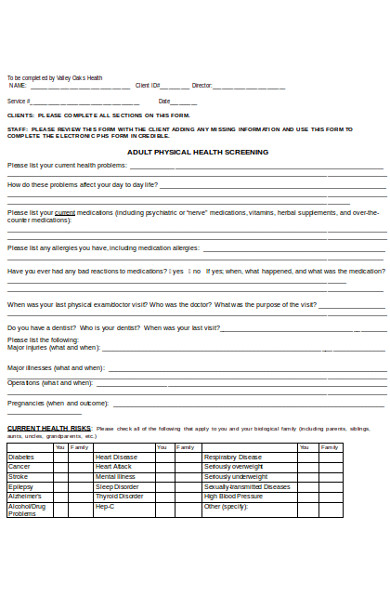adult physical health screening form