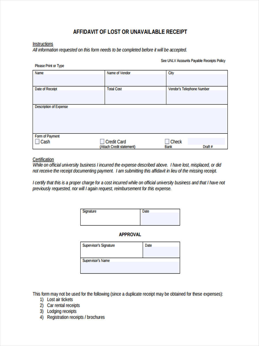 affidavit of lost receipt form