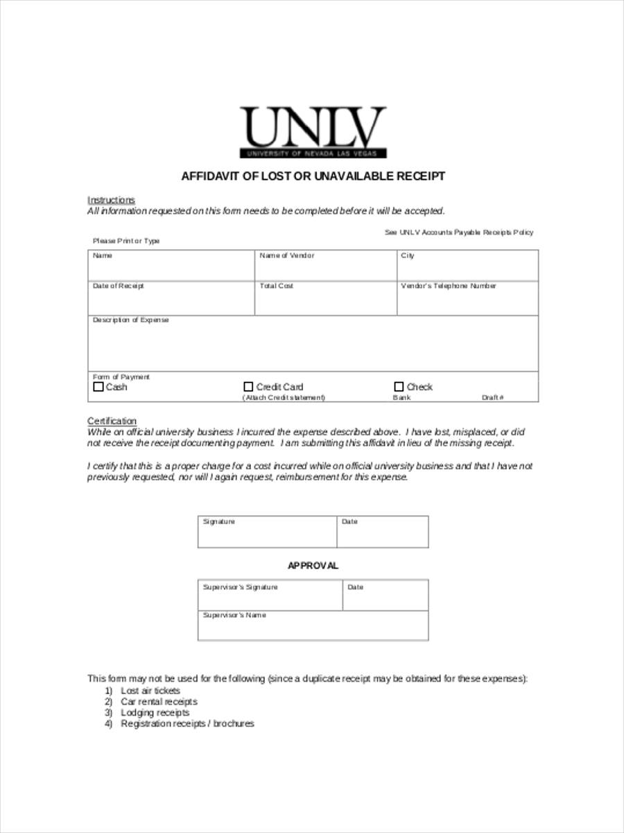 affidavit of lost receipt form1