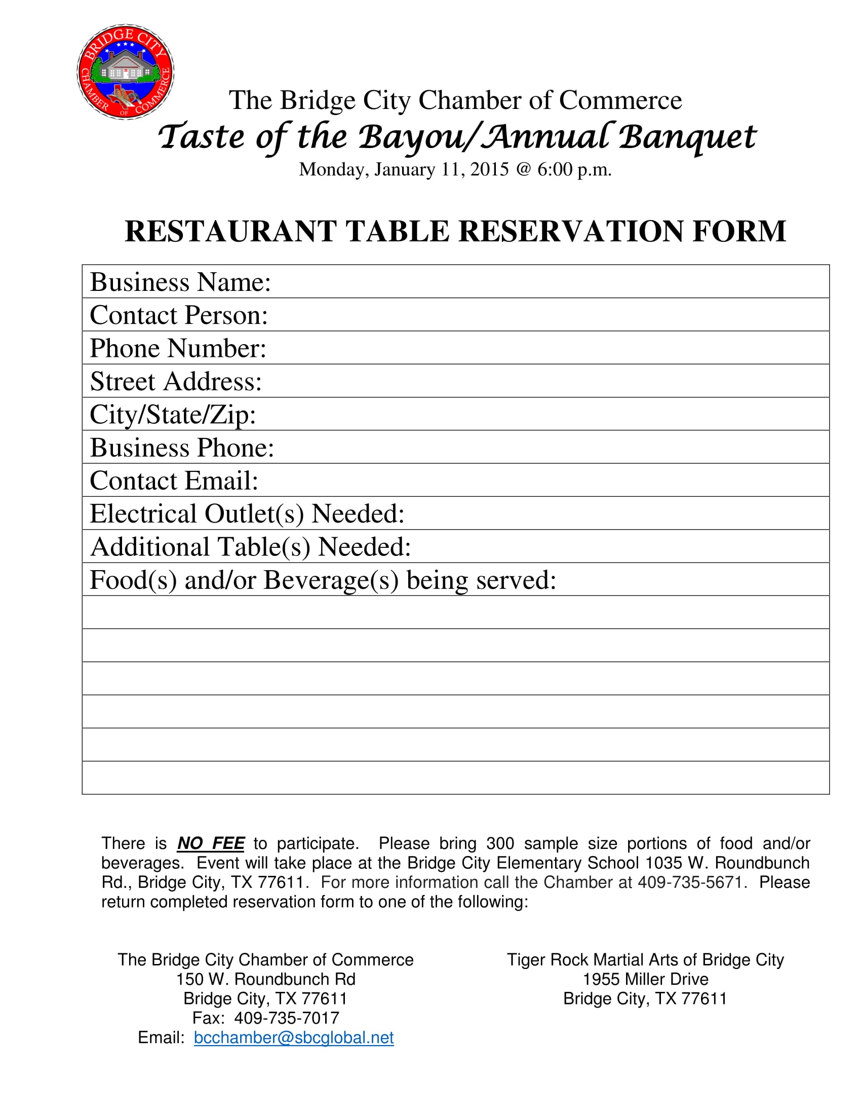 annual banquet restaurant reservation form 1