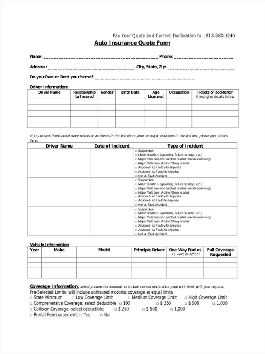 Auto Insurance Quote Form Template