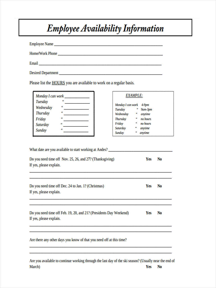 Work Availability Form Template