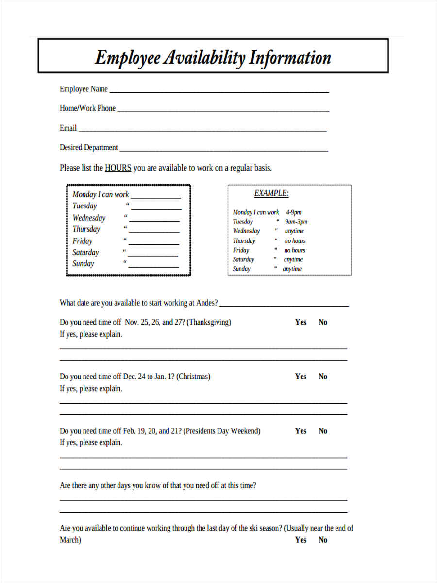  Free Printable Employee Availability Form Printable Templates