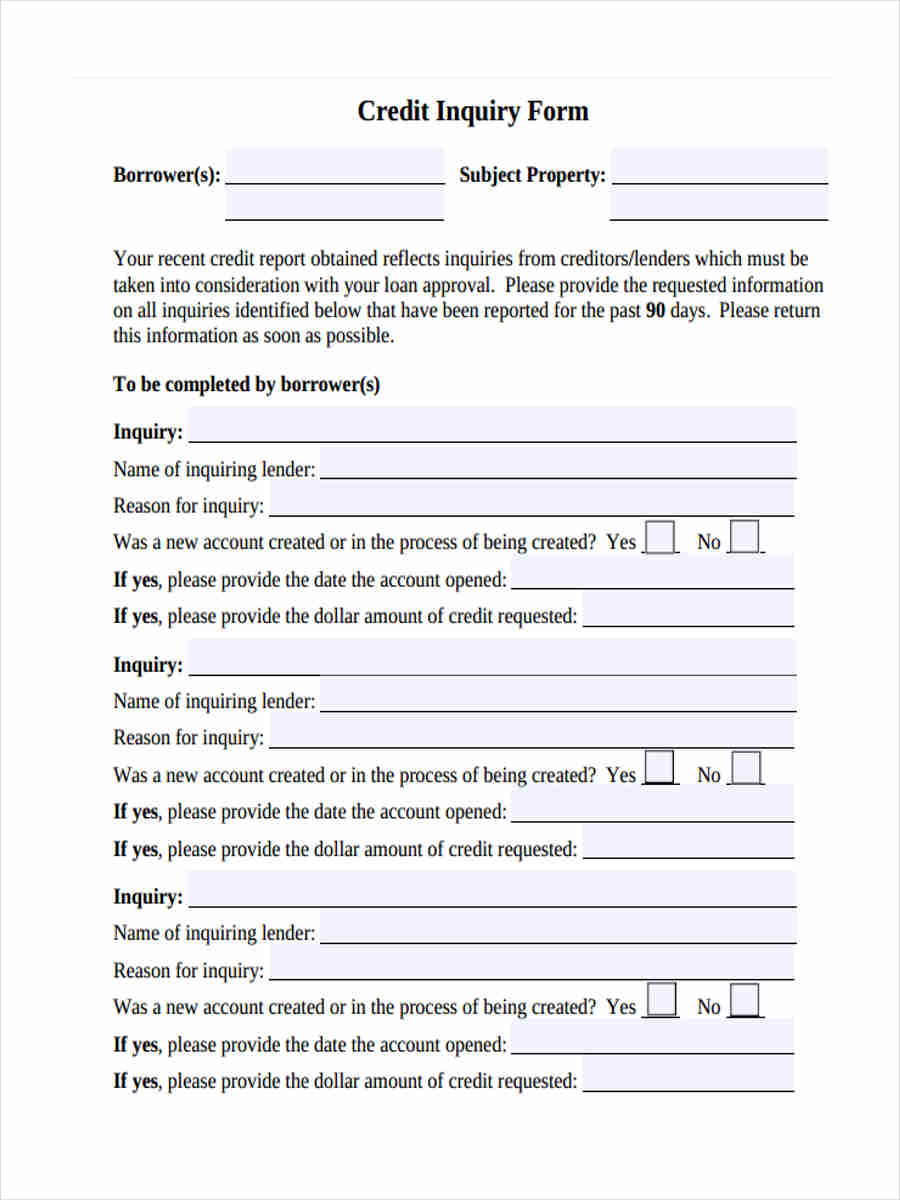 Credit Inquiry Form Template Database