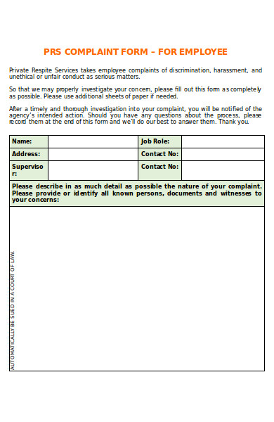 basic employee complaint form
