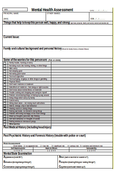 Printable Mental Health Assessment Form