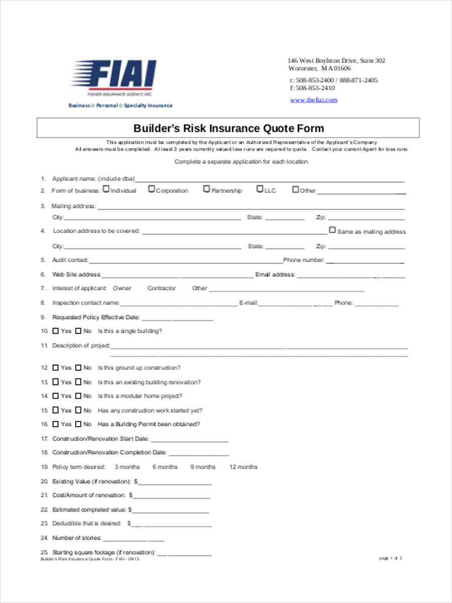 Insurance Quote Form Template 9295