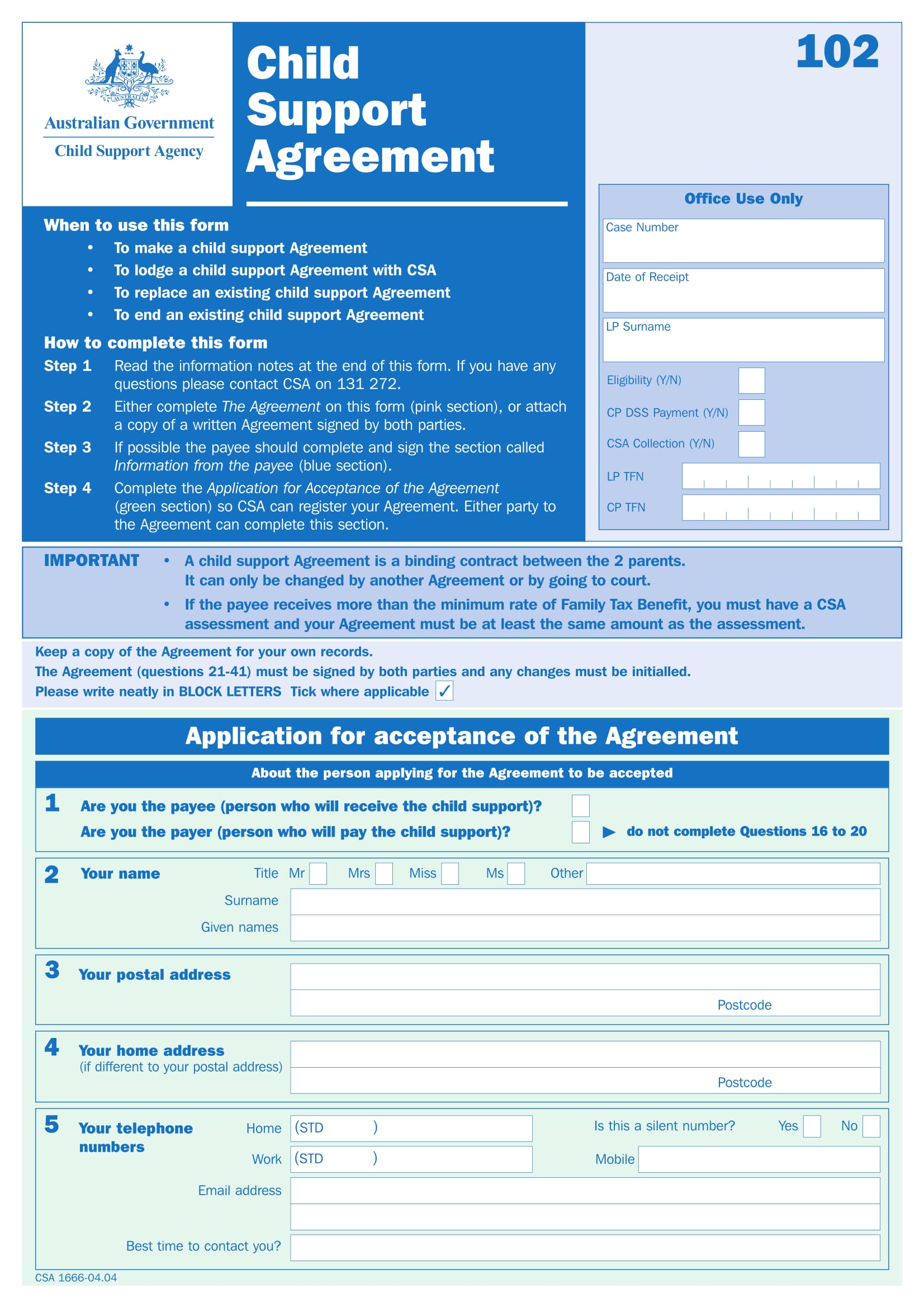 child support agreement form 1