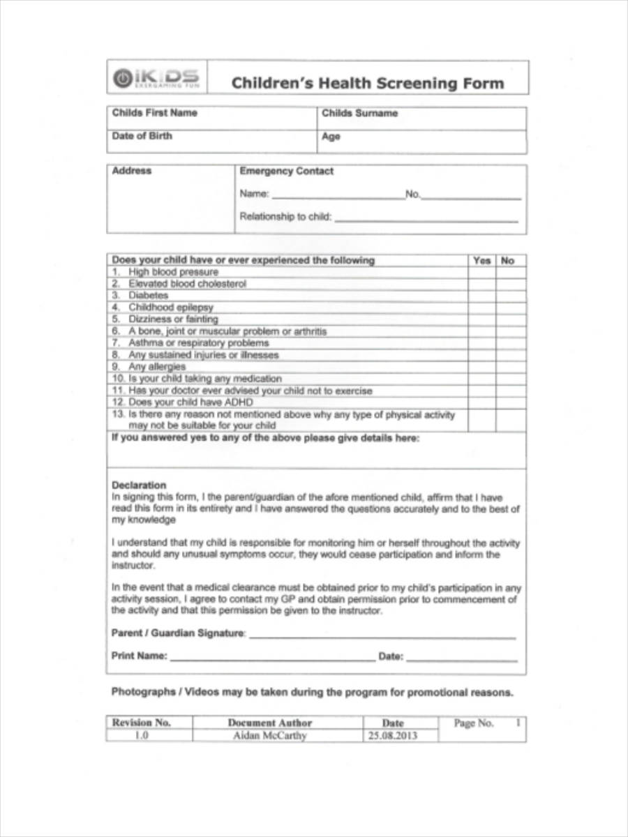 Free 9 Health Screening Forms In Pdf Ms Word 6085
