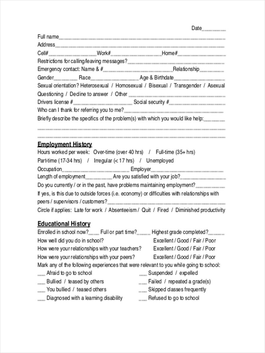 Free 10 Sample Assessment Intake Forms In Ms Word Pdf 