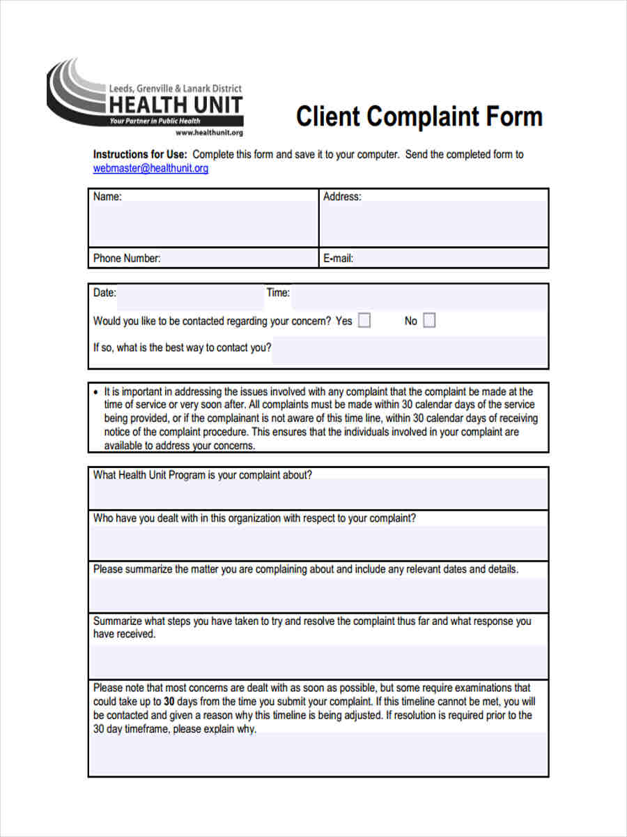 client complaint form