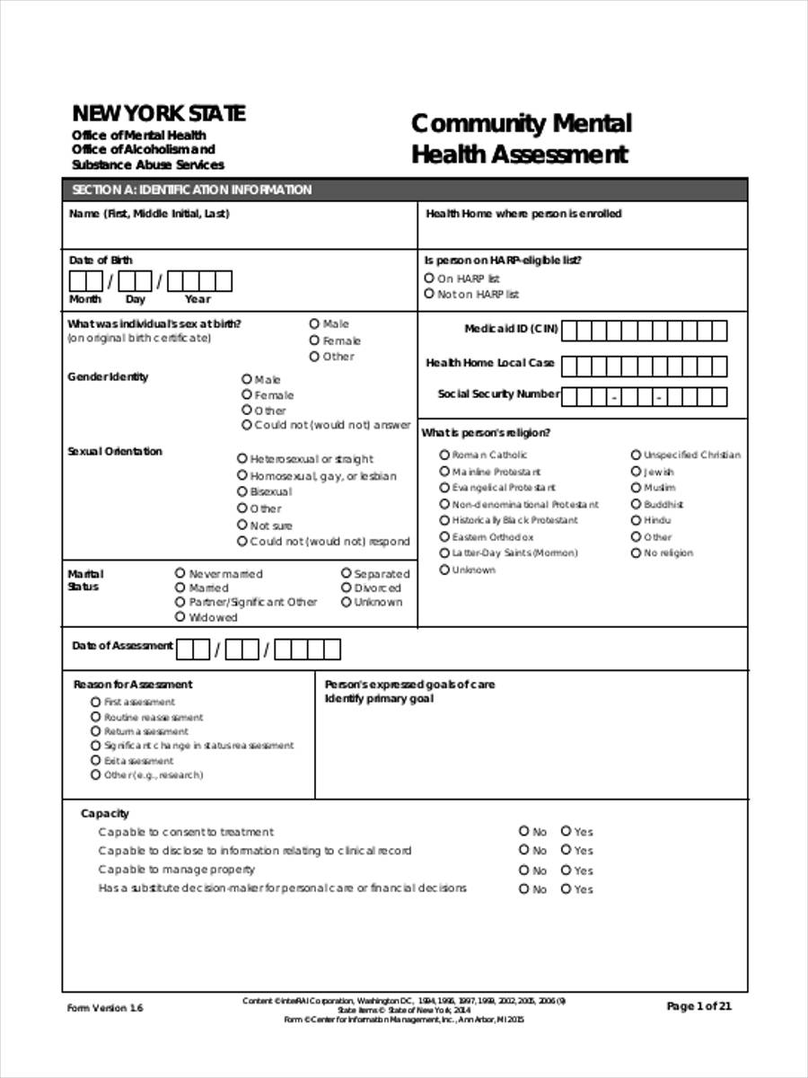 Free Mental Health Assessment Templates - Printable Templates