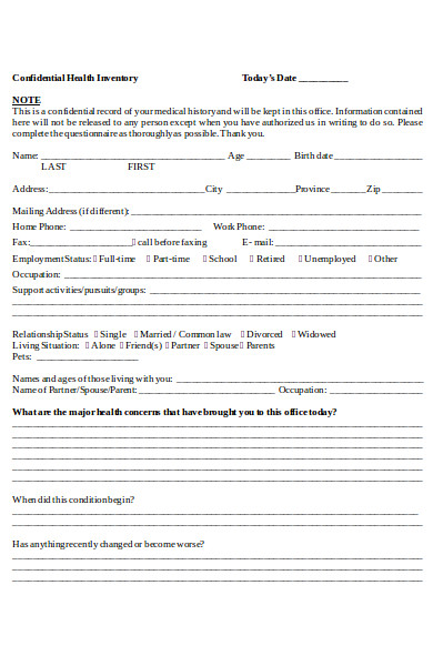 confidential health inventory form