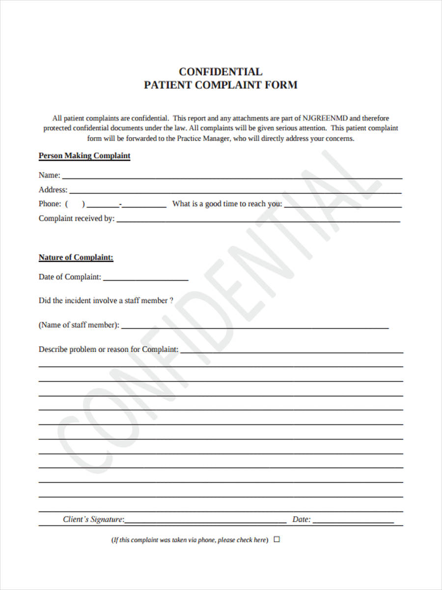 confidential patient complaint