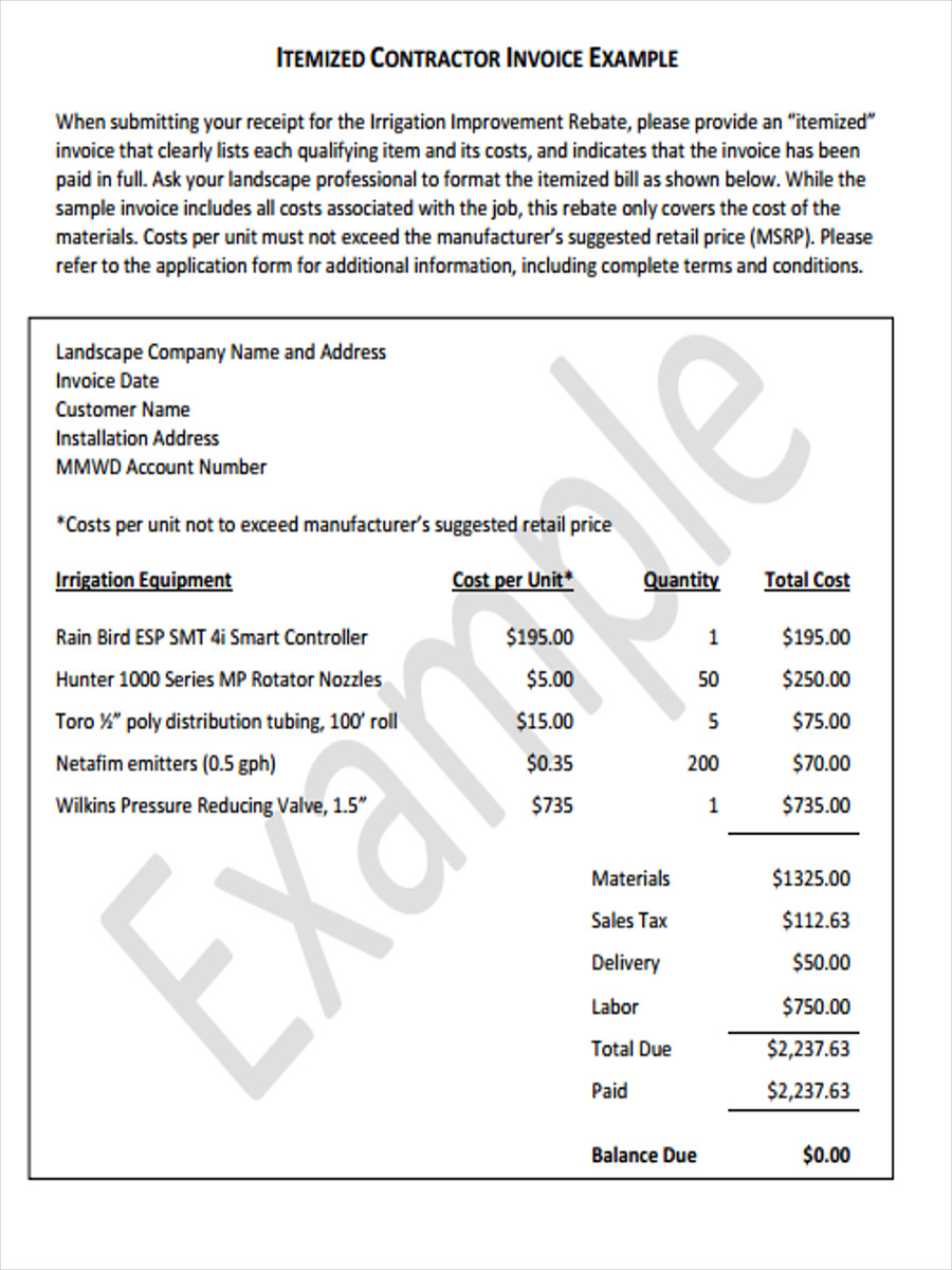 contractor receipt example