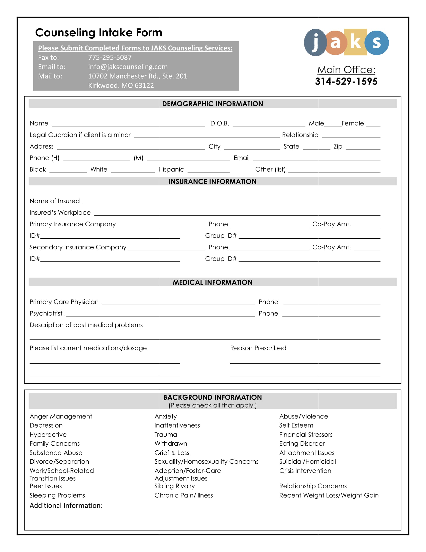 Printable Counselling Intake Form Template 