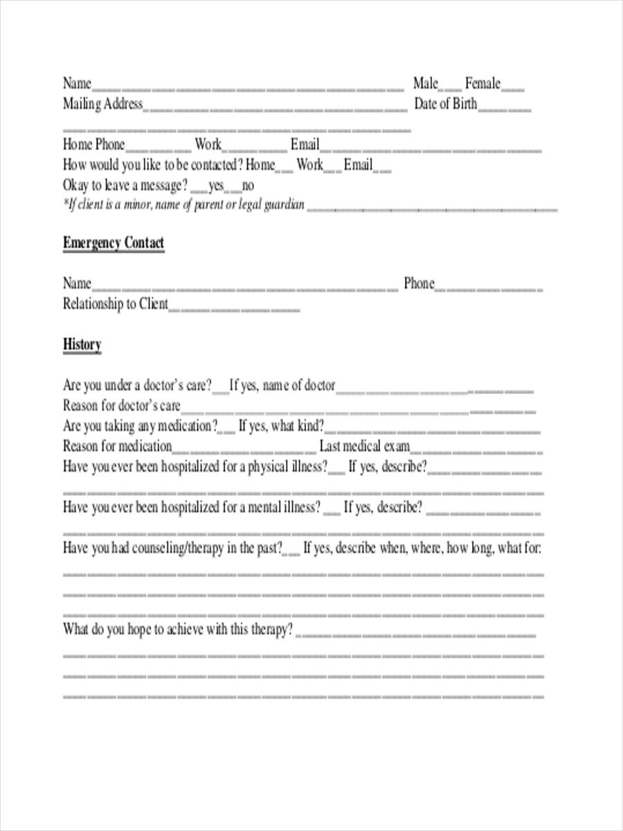 Counseling Intake Forms Templates 