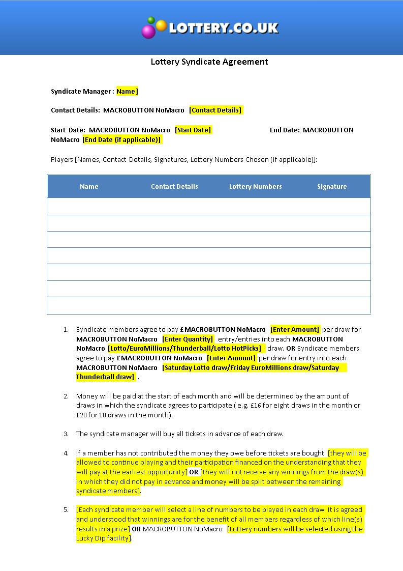 creative lottery syndicate agreement form