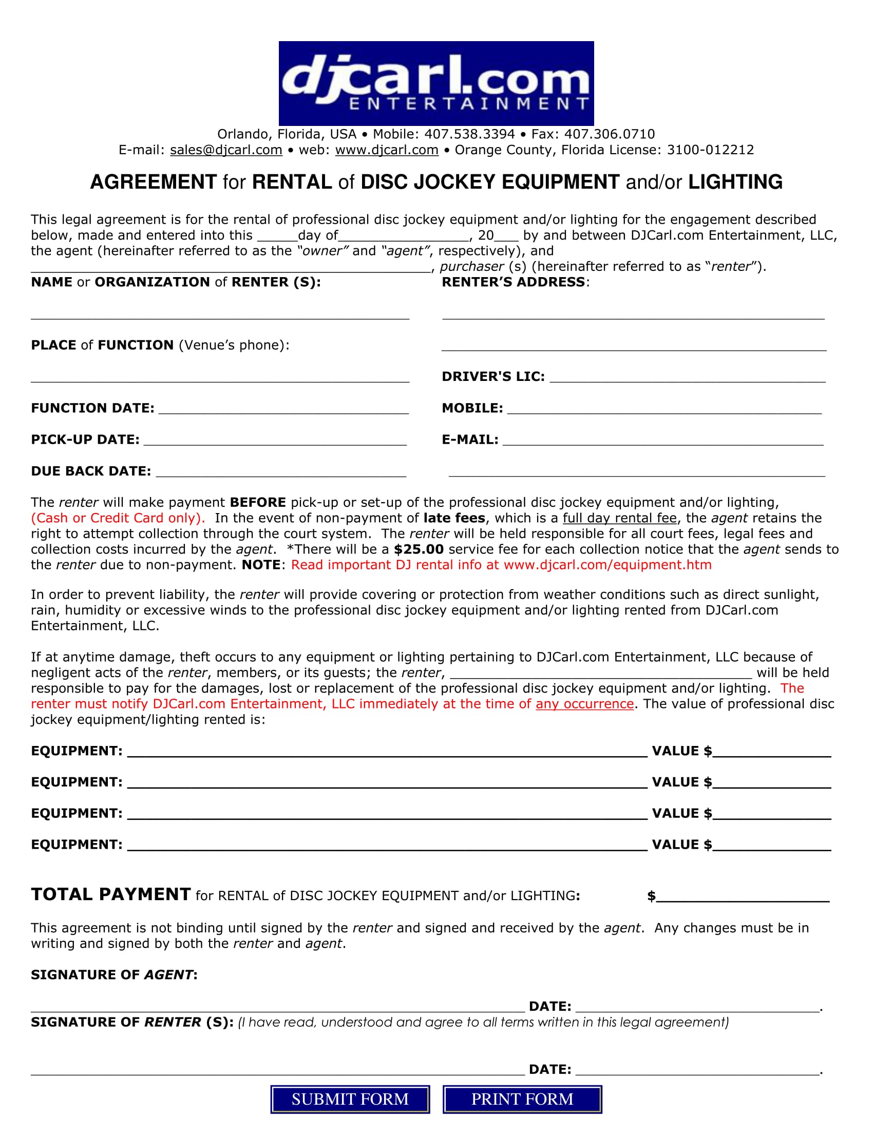 Music Equipment Rental Agreement Template