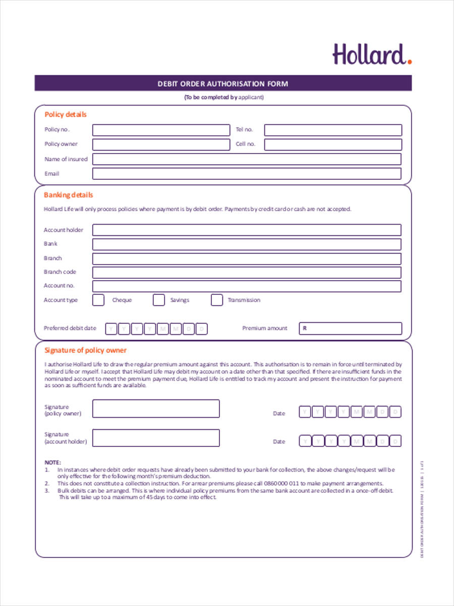 debit order authorization form
