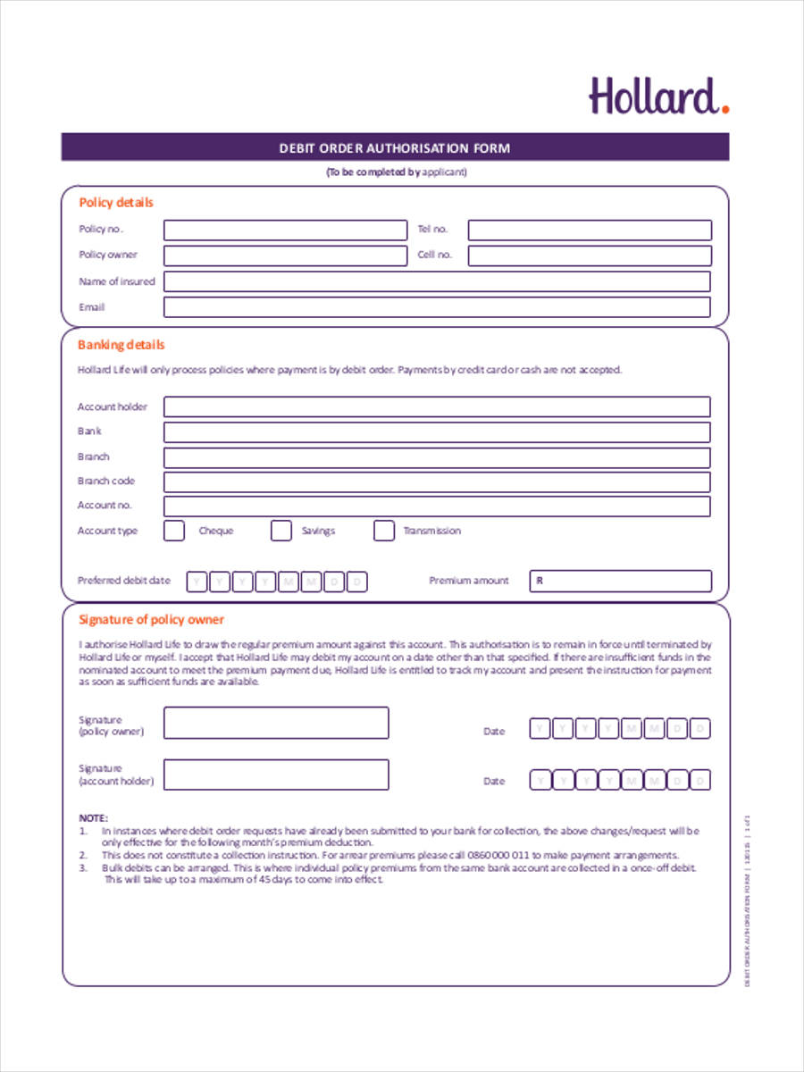 form free template debit direct Word, Free 9 PDF   Debit Order in Form Documents