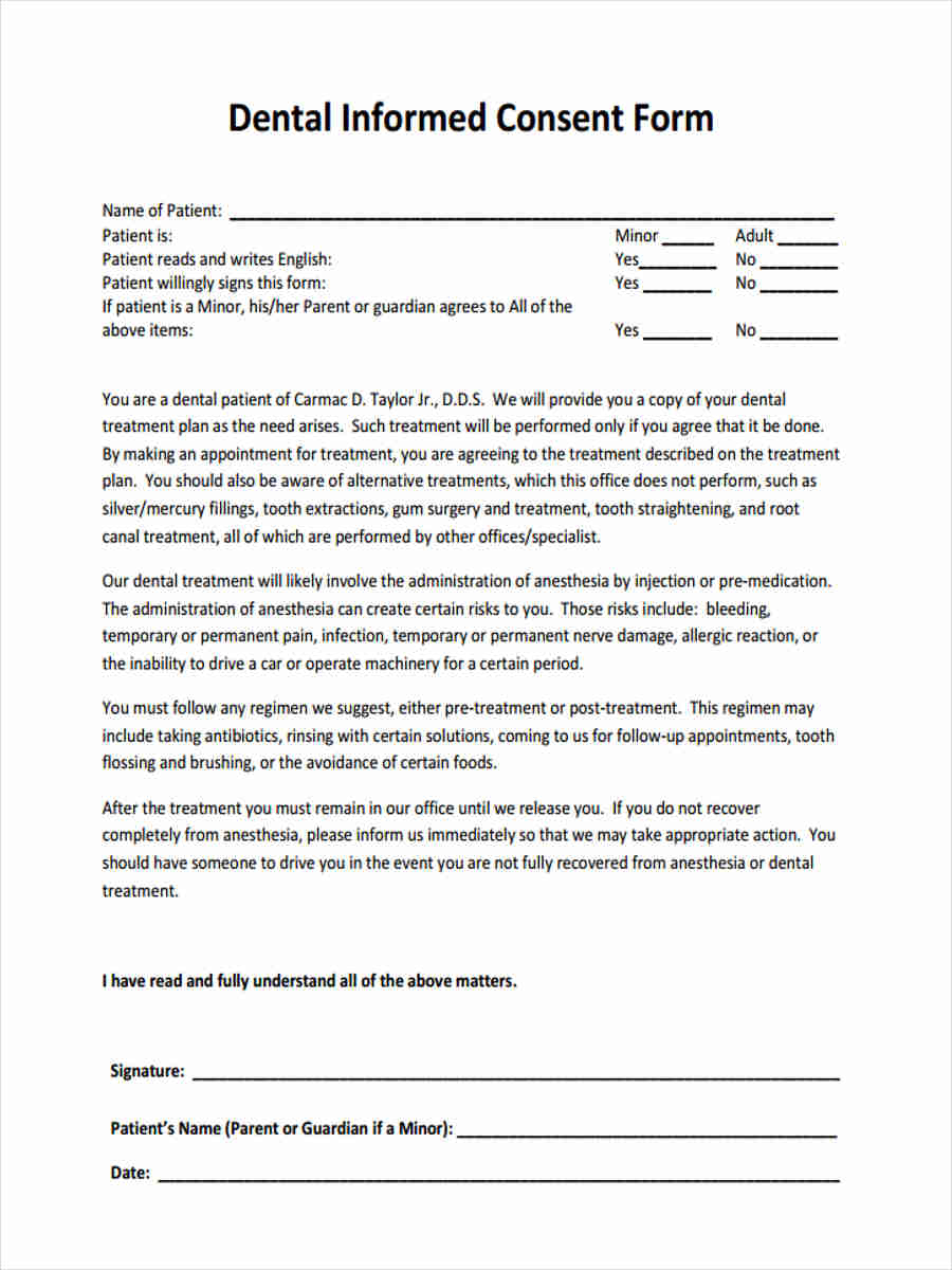 Free Printable Dental Consent Forms