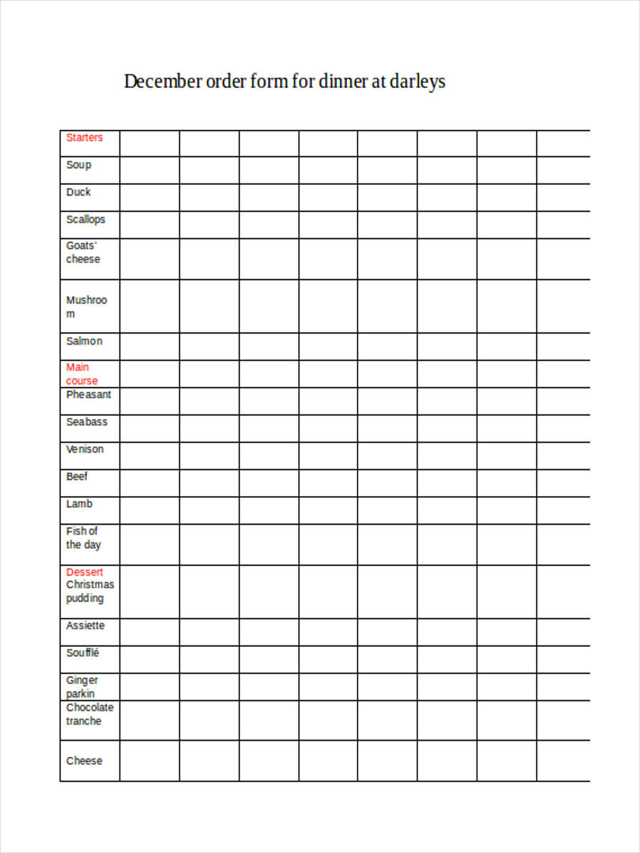 FREE 6+ Sample Dinner Order Forms in MS Word | PDF