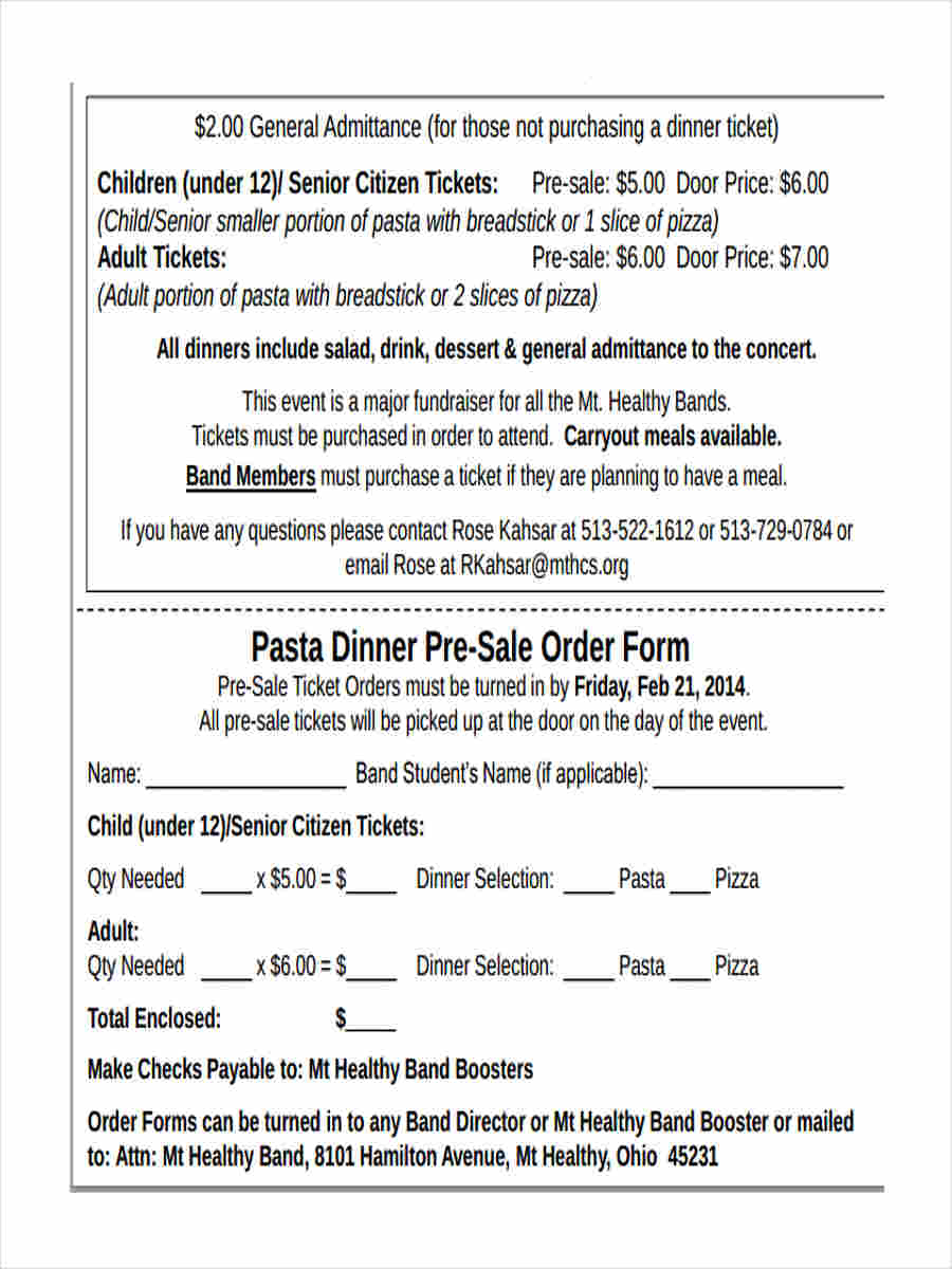 dinner pre sale order form