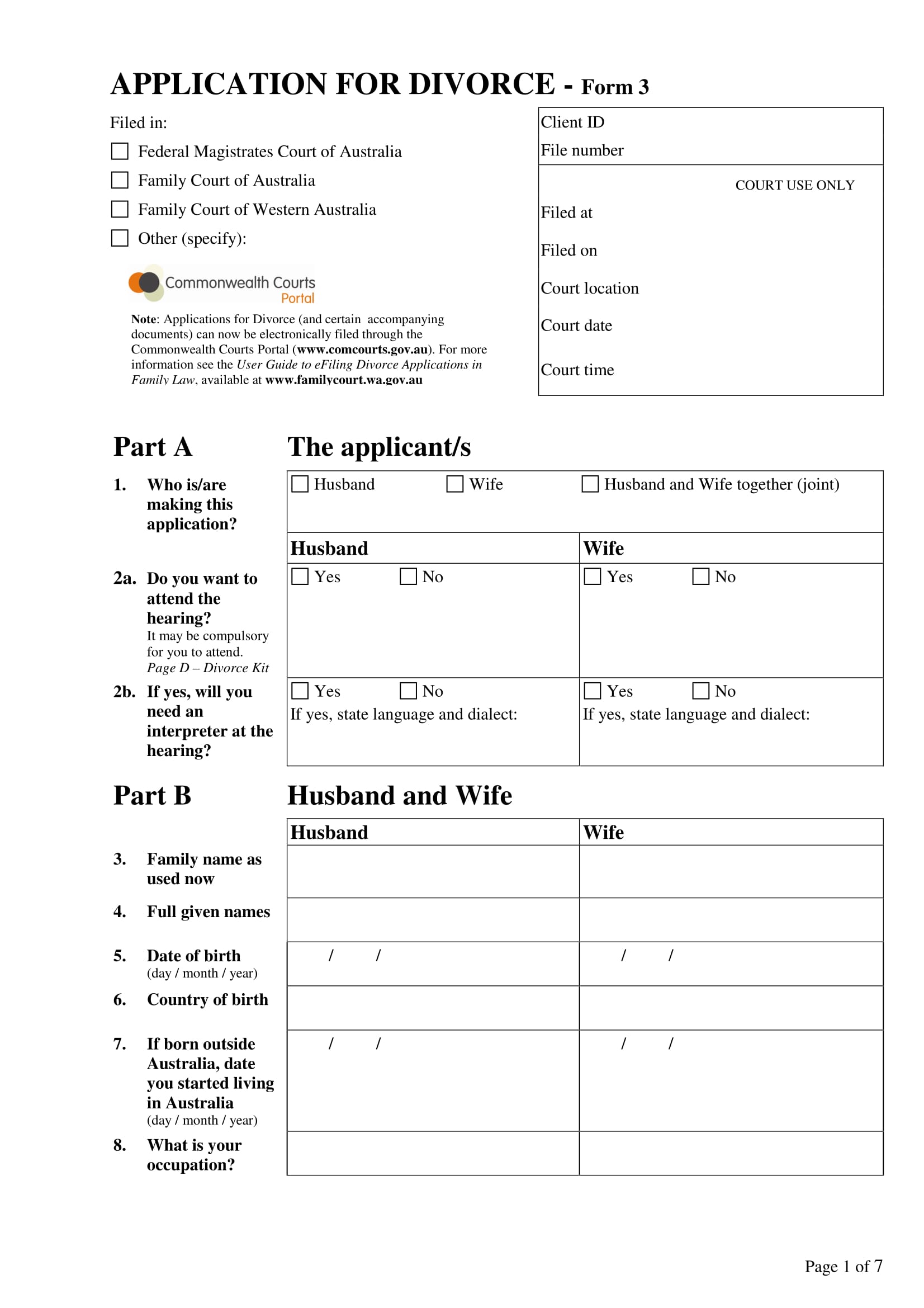 divorce application form 1